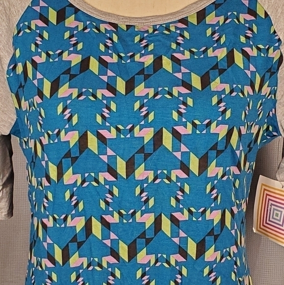 NWT Lularoe Julia, blue w/multicolored geometric pattern/gray sleeves, size M - Picture 3 of 5